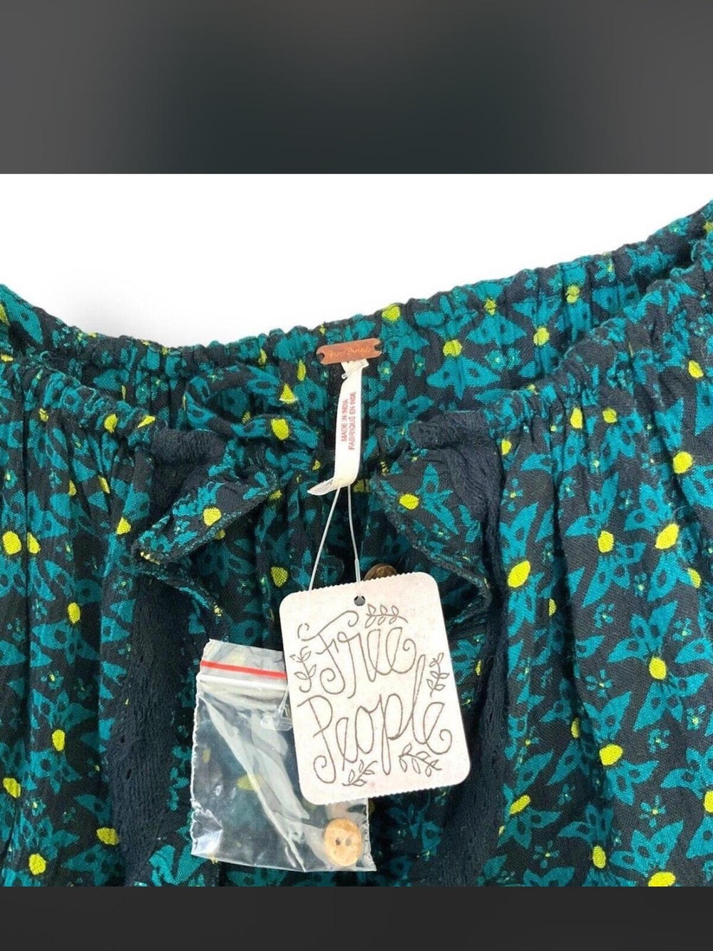 NWT Free People Black & Green Printed Button-Front Smocked Tunic - Picture 9 of 11